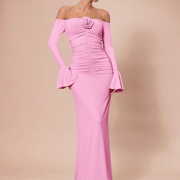 Baby Pink Elegant Women's Long Sleeve Off Shoulder 3d Flower Ruched Maxi dress - Picture 4 of 8